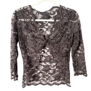 Vintage Sheer Lace Blouse top with Twist Front in Brown‎